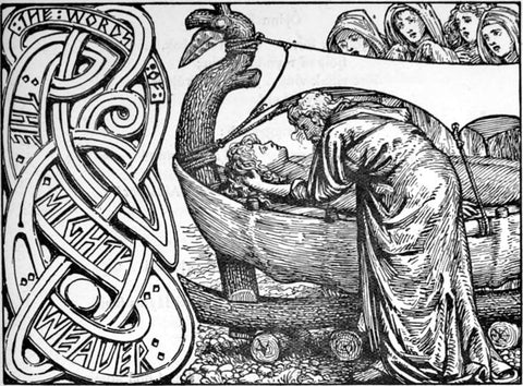 Odin bending over the ship where his dead son lies: "Odin’s last words” by W.G. Collingwood, 1908--Viking Dragon Blogs