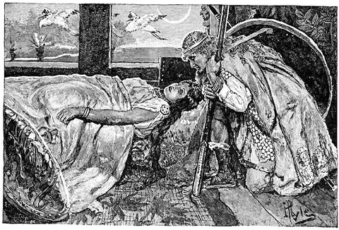 Sigurd, armored, leans over Brunhild, asleep--Illustration by Howard Pyle, retrieved from https://commons.wikimedia.org/wiki/File:The_Awakening_of_Brunhild_by_Howard_Pyle.jpg--Viking Dragon Blogs 