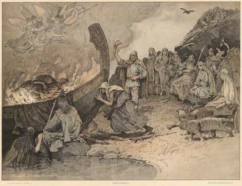Balder's pyre burning, grieving gods on the shore, Valkyries in the air above: "Balders Bålfærd"—Funeral pyre of Balder by Louis Moe, 1898--Viking Dragon Blogs