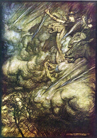 Valkyries charging with drawn swords; retrieved from https://upload.wikimedia.org/wikipedia/commons/0/03/Ring28.jpg--Viking Dragon Blogs
