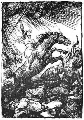 Brynhild with raised spear riding over a battlefield: "Brynhildr" by Robert Engels, retrieved from https://upload.wikimedia.org/wikipedia/commons/0/0b/Brynhildr_by_Robert_Engels.jpg--Viking Dragon Blogs
