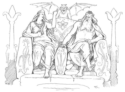 Frigga and Odin seated in Asgard, making a wager: 1895 illustration by Lorenz Frølich--The Viking Dragon