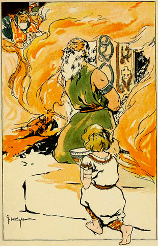 Grimnir bound between the fires, Agnar offering him drink; 1908 illustration by George Wright -The Viking Dragon