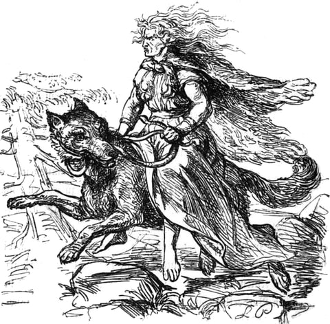 Drawing of the giantess Hyrrokkin on her snake-bridled wolf, by Ludwig Pietsch, 1865 --Viking Dragon Blogs