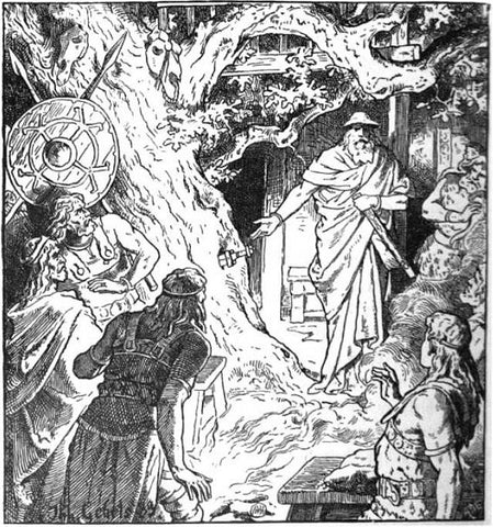 Wedding guests stare at the sword Odin has thrust into the oak tree: https://en.wikipedia.org/wiki/Sigmund#/media/File:Sigmunds_Schwert_(1889)_by_Johannes_Gehrts.jpg--Viking Dragon Blogs