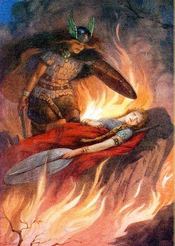 Sigurd looks at the sleeing Brynhild: "Sigurd and Brunhild" by Harry George Theaker, 1920, https://upload.wikimedia.org/wikipedia/commons/thumb/7/7b/Sigurd_and_Brunhild_by_Harry_George_Theaker_1920.jpg/220px-Sigurd_and_Brunhild_by_Harry_George_Theaker_1920.jpg--Viking Dragon Blogs