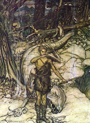 Sigurd drinks Fafnir's blood--Illustration by Arthur Rackham, 1911, via Wikimedia Commons, https://upload.wikimedia.org/wikipedia/commons/thumb/2/22/Ring45.jpg/220px-Ring45.jpg--Viking Dragon Blogs