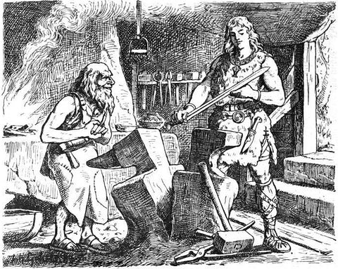 Regin and Sigurd standing on opposite sides of the anvil which Sigurd has just cut in two with his new sword; "Sigurd_prüft_das_schwert_Gram"_by_Johannes_Gehrts via Wikimedia Commons--Viking Dragon Blogs