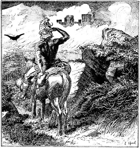 Sigurd looking at a castle dimly glimpsed above walls of flame: 1890 illustration from the Red Fairy Book, via Wikimedia, https://commons.wikimedia.org/wiki/File:Page_363_Red_Fairy_Book.jpg--Viking Dragon Blogs