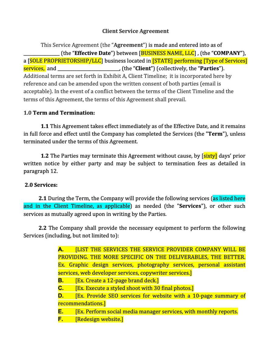 Client Service Agreement Creative Contracts