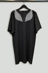 Black Cotton Drill Dolman Sleeve Crisscross Dress with Leaf Insert and Side Pockets