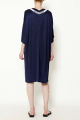 Indigo Cupro Sateen Jersey Dolman Sleeve Leaf Front Dress with Striped Linen Trim
