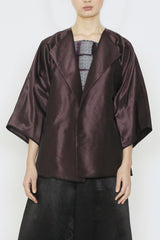 Silk Taffeta Plum and Silver Melange Three-Pocket Kimono Jacket