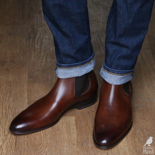 Light brown/tan chelsea boots with blue jeans