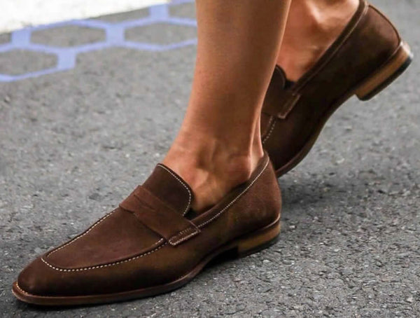 Brown suede penny loafers sockless