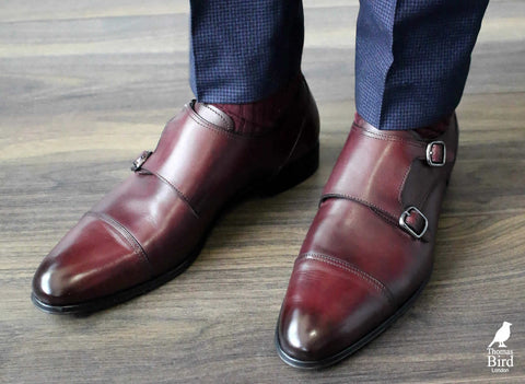 Oxblood monks with blue suit