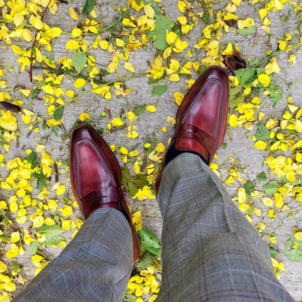 Oxblood loafers with suit trousers