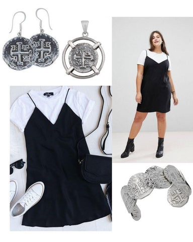 Coin earrings and cuff, accompanied with a black dress and a white t-shirt underneath