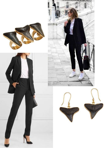 Black earrings and rings, with white t-shirts and black pants