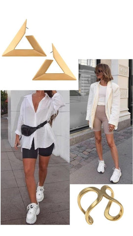 Gold jewelry with white-shirts and cycling shorts