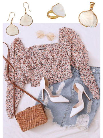 Flower crop top, jean skirt, high heels and sunglasses