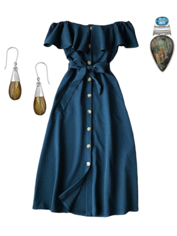 Navy blue dress with earrings and necklace