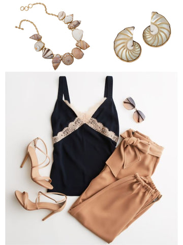 Black top, beige pants, high heels and seashell jewelry 