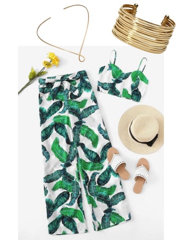 Leafy crop top and pant set, with sunhat, sandals and gold jewelry