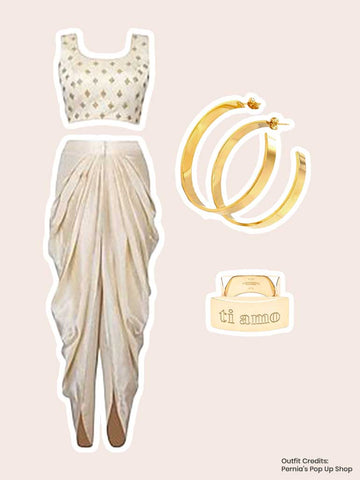 Dhoti Pants and Contemporary Gold Plated Hoops Ti Amo Ring