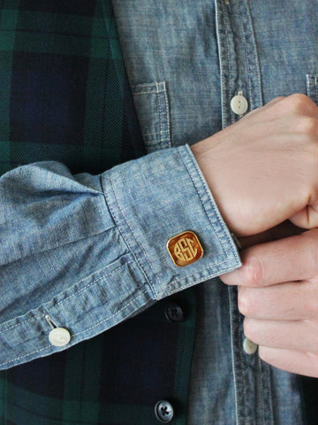 Moon and Lola - monogrammed cufflinks on denim shirt