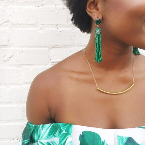Moon and Lola Phi Phi Earrings in emerald styled on model