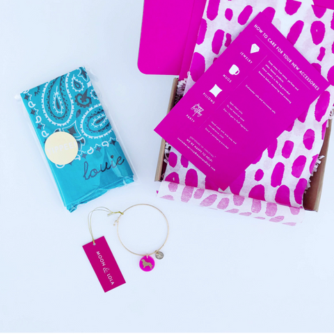 moon and lola pet box personalized with bandana and charm bracelet
