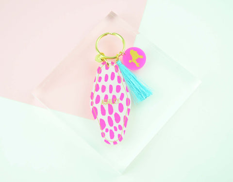 Moon and Lola patterned hotel keychain with pet dog charm and tassel charm