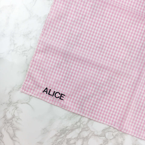 Moon and Lola pink gingham embroidered bandana personalized and customized