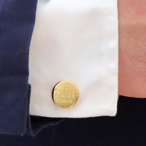 Moon and Lola - engraved round gold monogrammed cufflinks with date