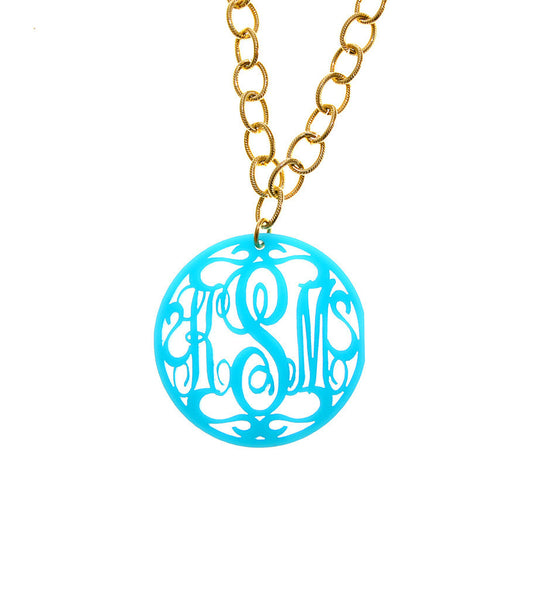 Moon and Lola - Acrylic Rimmed Script Monogram Necklace on Greenwich Chain