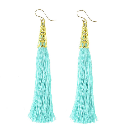 Phi Phi Earrings - silk tassels with a gold filigree cap at #edwardterrylandscape!