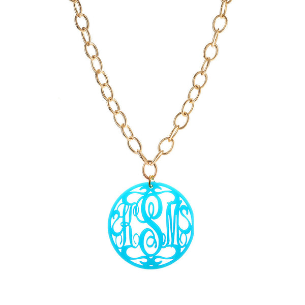 Moon and Lola - Acrylic Rimmed Script Monogram Necklace on Greenwich Chain - Moon and Lola ...