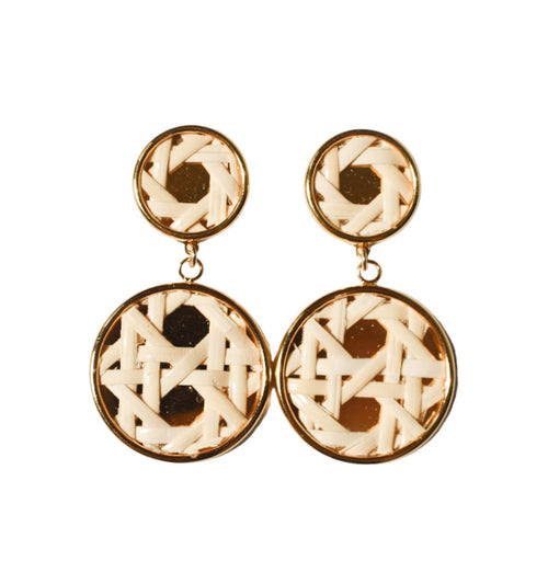 Woven Cane Rattan Round Post Drop Earrings