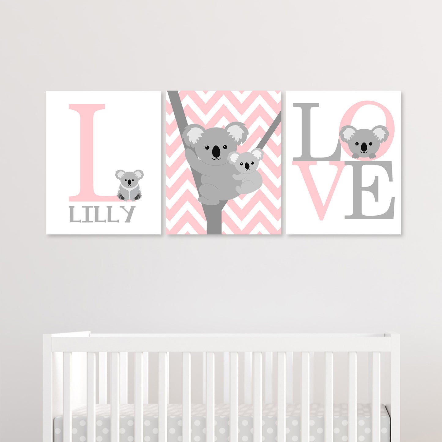 set of three pink and grey koala canvases