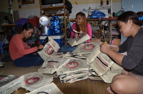 Cambodian craftswoman upcycled cement bags