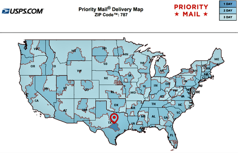 USPS Priority Mail Transit times departing from Austin Texas