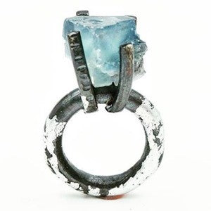 Blackened Sterling silver ring, set with rough blue Fluorite and silver leaf by Jill Herlands.