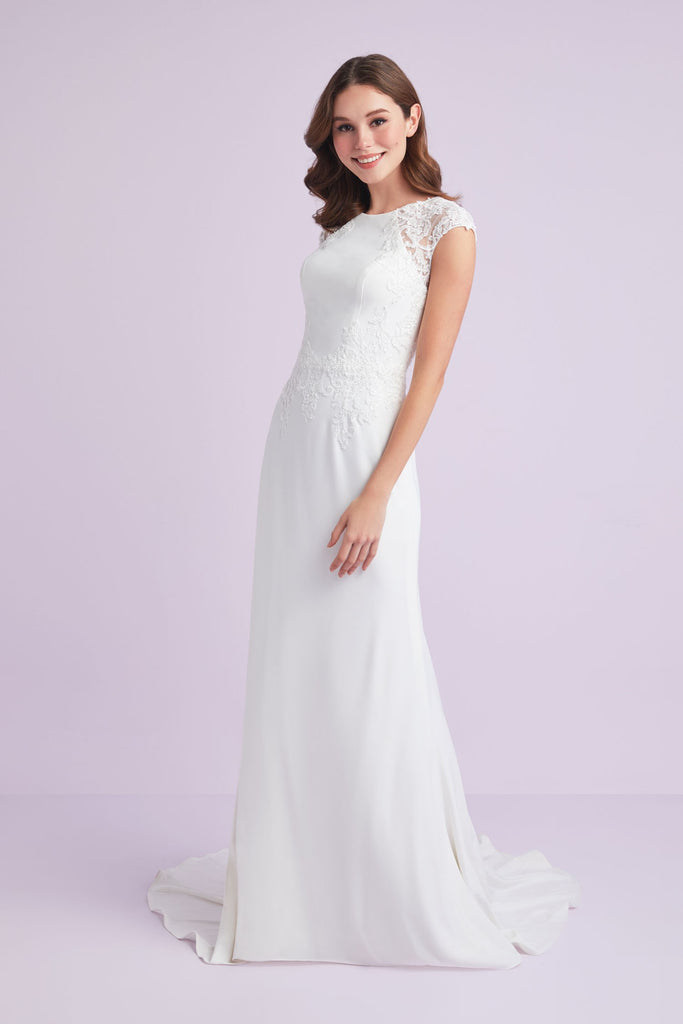 cap sleeve crepe sheath wedding dress