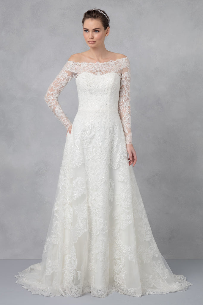 off the shoulder lace a line wedding dress