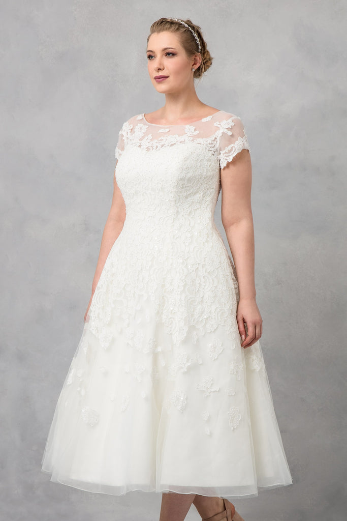 oleg cassini tea length wedding dress with lace