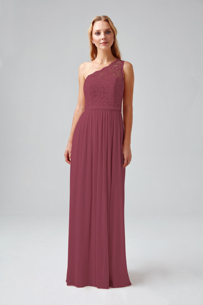 long one shoulder lace bridesmaid dress