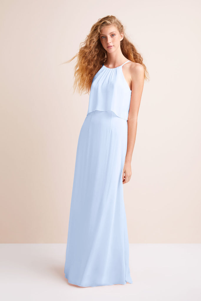 flounced crinkle chiffon sheath bridesmaid dress