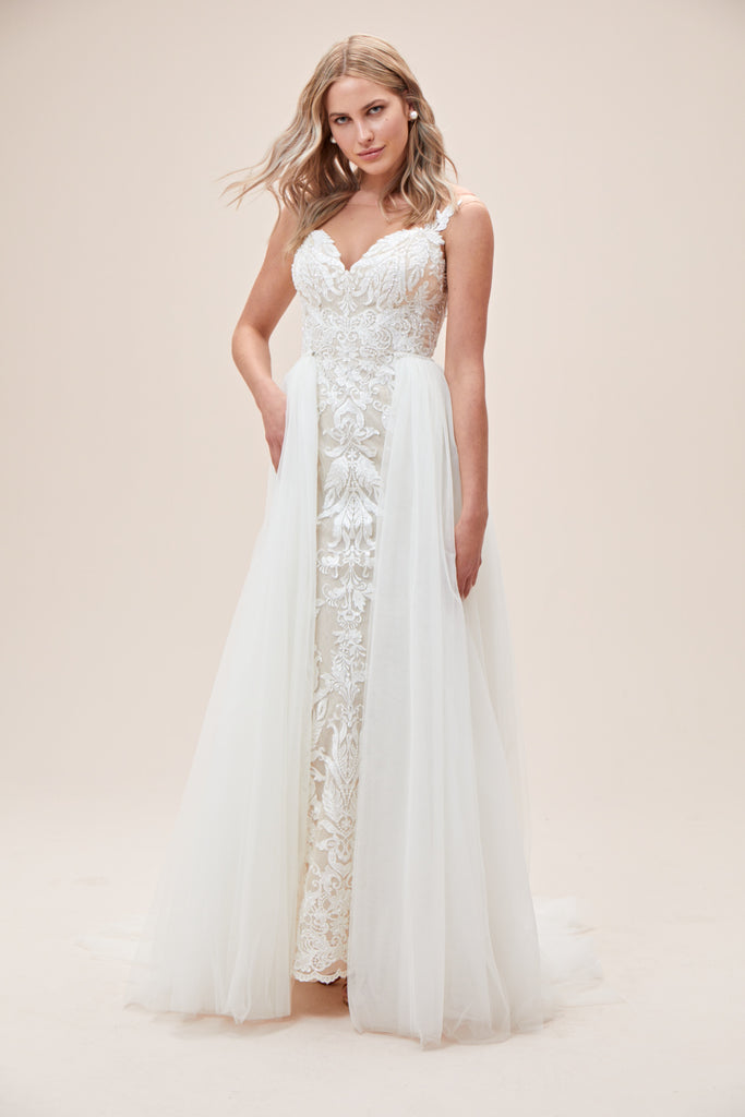 lace sheath wedding dress with removable overskirt