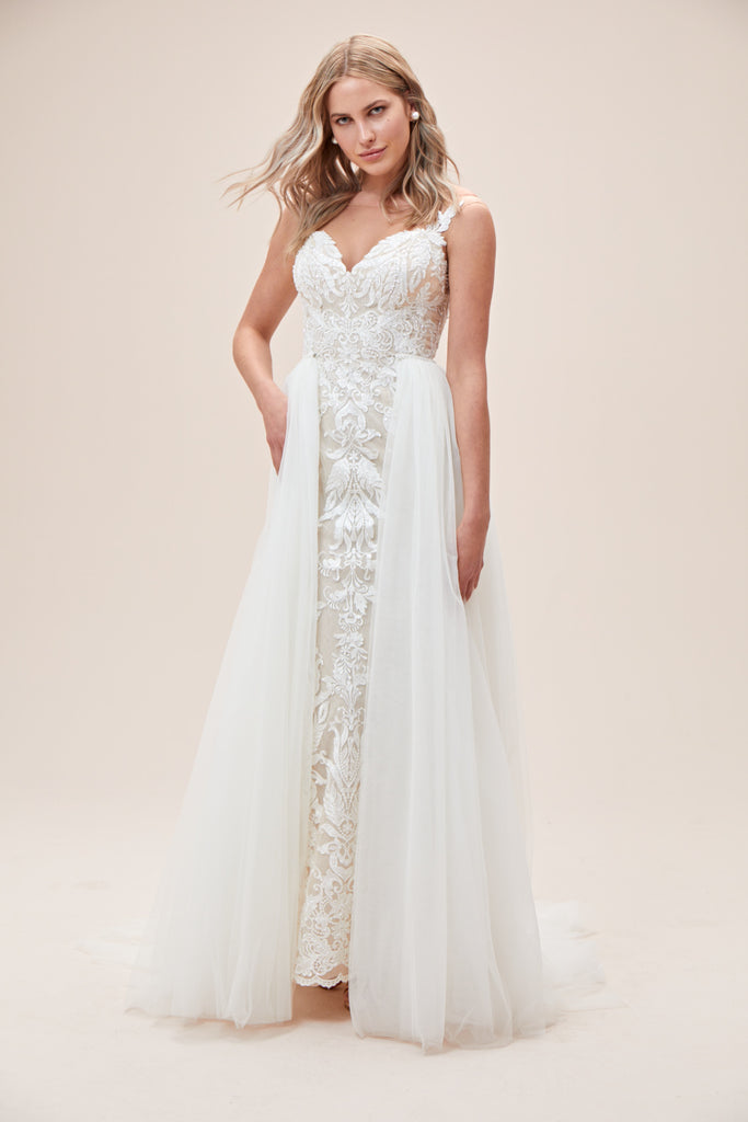 sheath wedding dress with overskirt